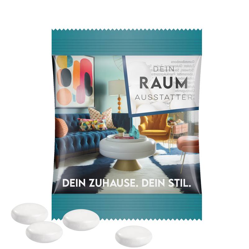 Minitüte, 8 g, Folie weiß mit ca. 50% Papieranteil, Mentos Kaudragee Mint