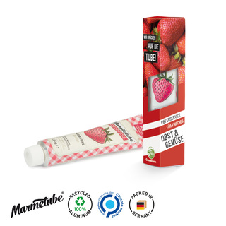 Marmetube Werbeverpackung aus weißem Karton Fruchtaufstrich Erdbeere