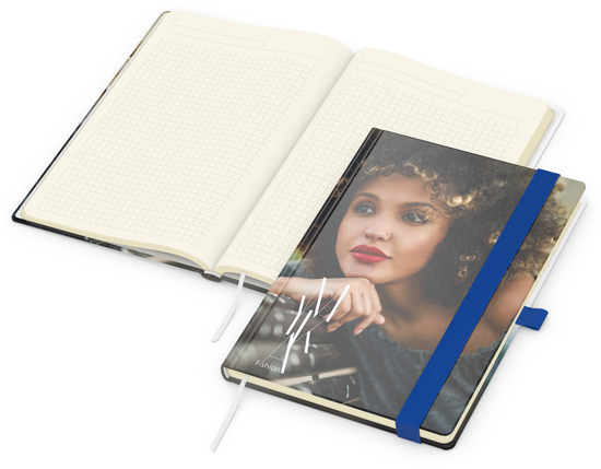 Notizbuch Match-Book Creme Bestseller, A5, Cover-Star, matt-individuell, mittelblau