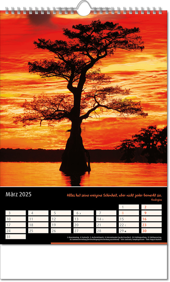 Kalender "Emotion" im Format 24 x 38,5 cm, mit Wire-O Bindung und verlängerter Rückwand