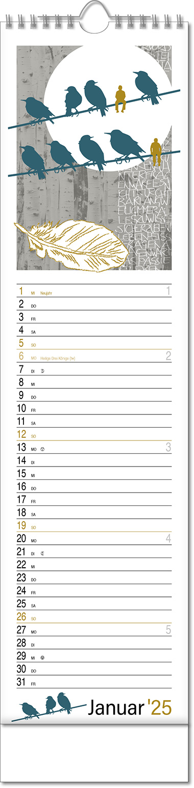 Kalender "Hyygelig" im Format 13 x 52,5 cm, mit Wire-O Bindung und verlängerter Rückwand