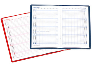 Taschenkalender "Status" im Format 9,5 x 16 cm, Kalendarium Grau/Rot, 32 Seiten gebunden + 16 Seiten ABC-Heft, eingesteckt in Slinky-Hülle schwarz
