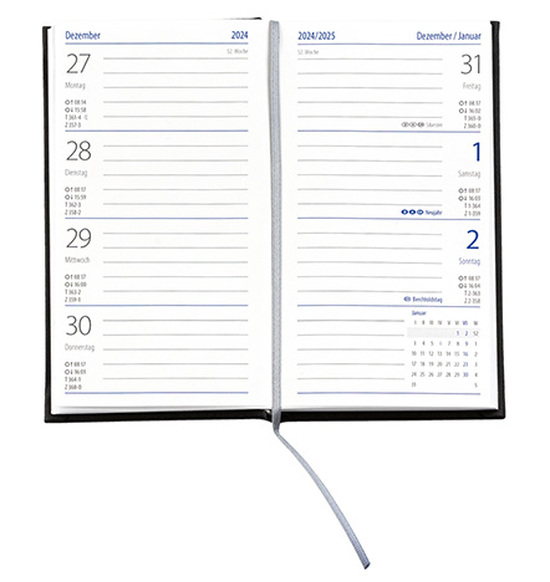 Taschenkalender "Klassik" im Format 8,7 x 15,3 cm, deutsches Kalendarium Grau/Blau mit Leseband, 128 Seiten Fadenheftung, Einband Fashion anthrazit
