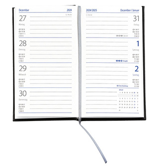 Taschenkalender "Klassik" im Format 8,7 x 15,3 cm, deutsches Kalendarium Grau/Blau mit Leseband, 128 Seiten Fadenheftung, Einband Magic anthrazit