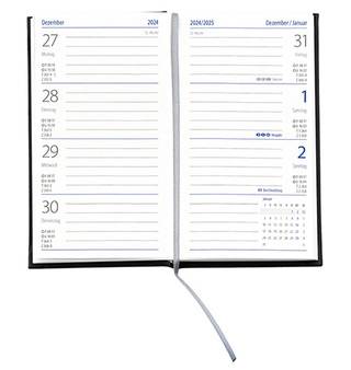 Taschenkalender "Klassik" im Format 8,7 x 15,3 cm, deutsches Kalendarium Grau/Blau mit Leseband, 128 Seiten Fadenheftung, Einband Magic hellbraun