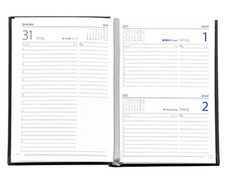 Taschenkalender "Taschenbuch Tag" im Format 10,5 x 14,8 cm, deutsches Kalendarium Grau/Blau mit Leseband, 352 Seiten Fadenheftung, Eckenperforation, Einband Magic mittelblau