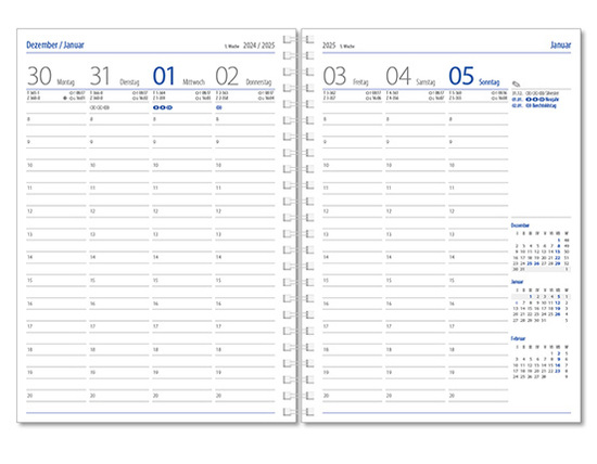 Wochenkalender "Klassik D Wire" im Format 14,5 x 20,5 cm, deutsches Kalendarium Grau/Blau, 144 Seiten, Wire-O-Bindung, mit Eckenperforation, Deckelpaar Fashion rot