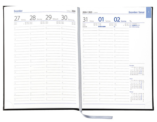 Wochenkalender "Business D" im Format 17,2 x 24 cm, deutsches Kalendarium Grau/Blau mit Leseband, 144 Seiten Fadenheftung, Eckenperforation, Einband Slinky bordeaux