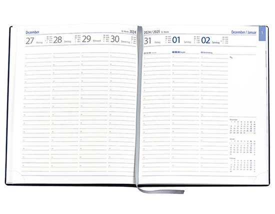 Wochenkalender "Manager D" im Format 21 x 26 cm, deutsches Kalendarium Grau/Blau mit Leseband, 144 Seiten Fadenheftung, Eckenperforation, Einband Magic hellbraun