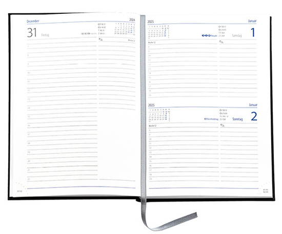 Buchkalender "Trend Chefkalender D" im Format 14,5 x 20,5 cm, deutsches Kalendarium Grau/Blau mit Leseband, 352 Seiten Fadenheftung, Eckenperforation, Einband Balacron weiß