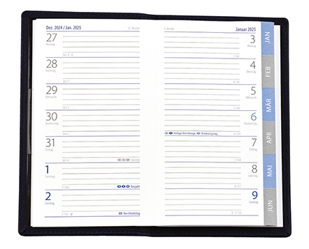 Taschenplaner "Exquisit Register" im Format 9,5 x 16 cm, deutsches Kalendarium Grau/Blau mit Registerstanzung, 64 Seiten gebunden + 16 Seiten Adressheft Register, eingesteckt in PVC-Hülle weiß