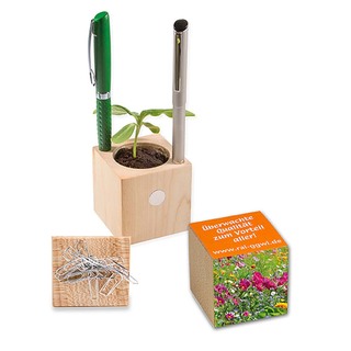Pflanz-Holz Büro mit Samen - Sommerblumenmischung, 1 Seite gelasert