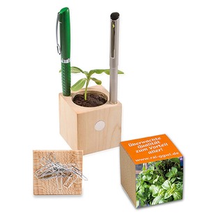 Pflanz-Holz Büro mit Samen - Kräutermischung, 2 Seiten gelasert