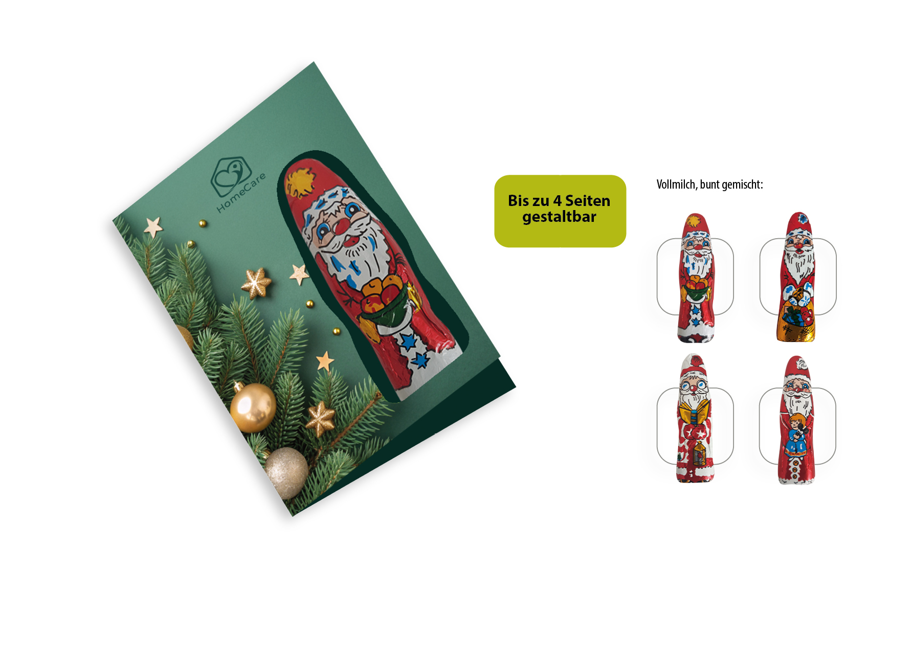 Faltkarte mit individuellem Druck - Schokofigur, Inhalt: Figur aus Edel-Vollmilchschokolade (Weihnachtsmann) ca. 5,5 g