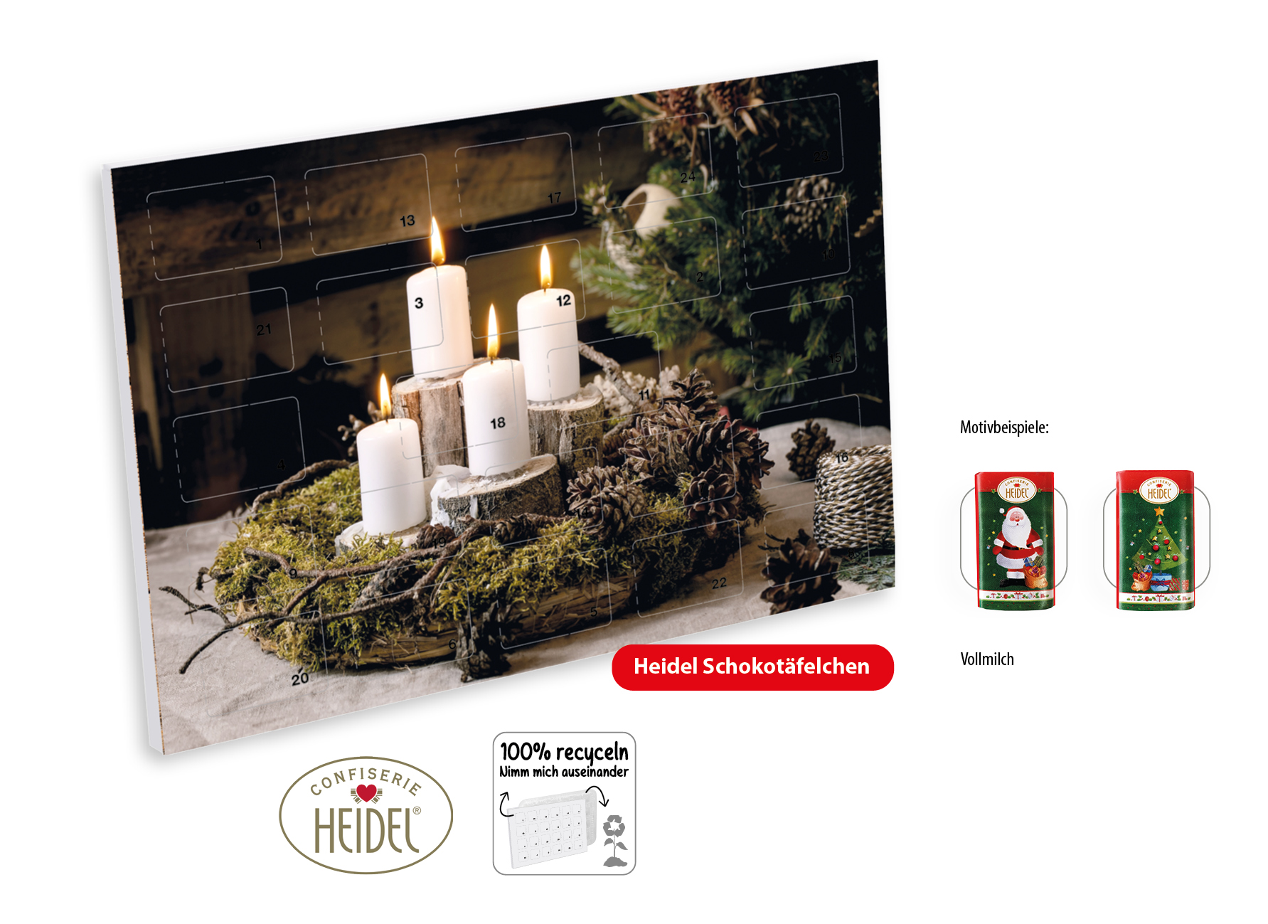 Wand Adventskalender HEIDEL Schokotäfelchen individuell bedruckt, Inhalt: Heidel Schokoladentäfelchen ca. 72 g